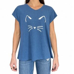 NWT Blue Cat Face Graphic V-Neck Short Sleeve Tee Shirt